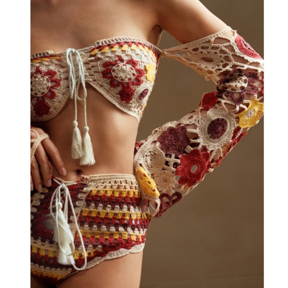 Boho Colorful Floral Crochet Semi Sheer Bikini Swimsuit Set - Picture 1 of 7